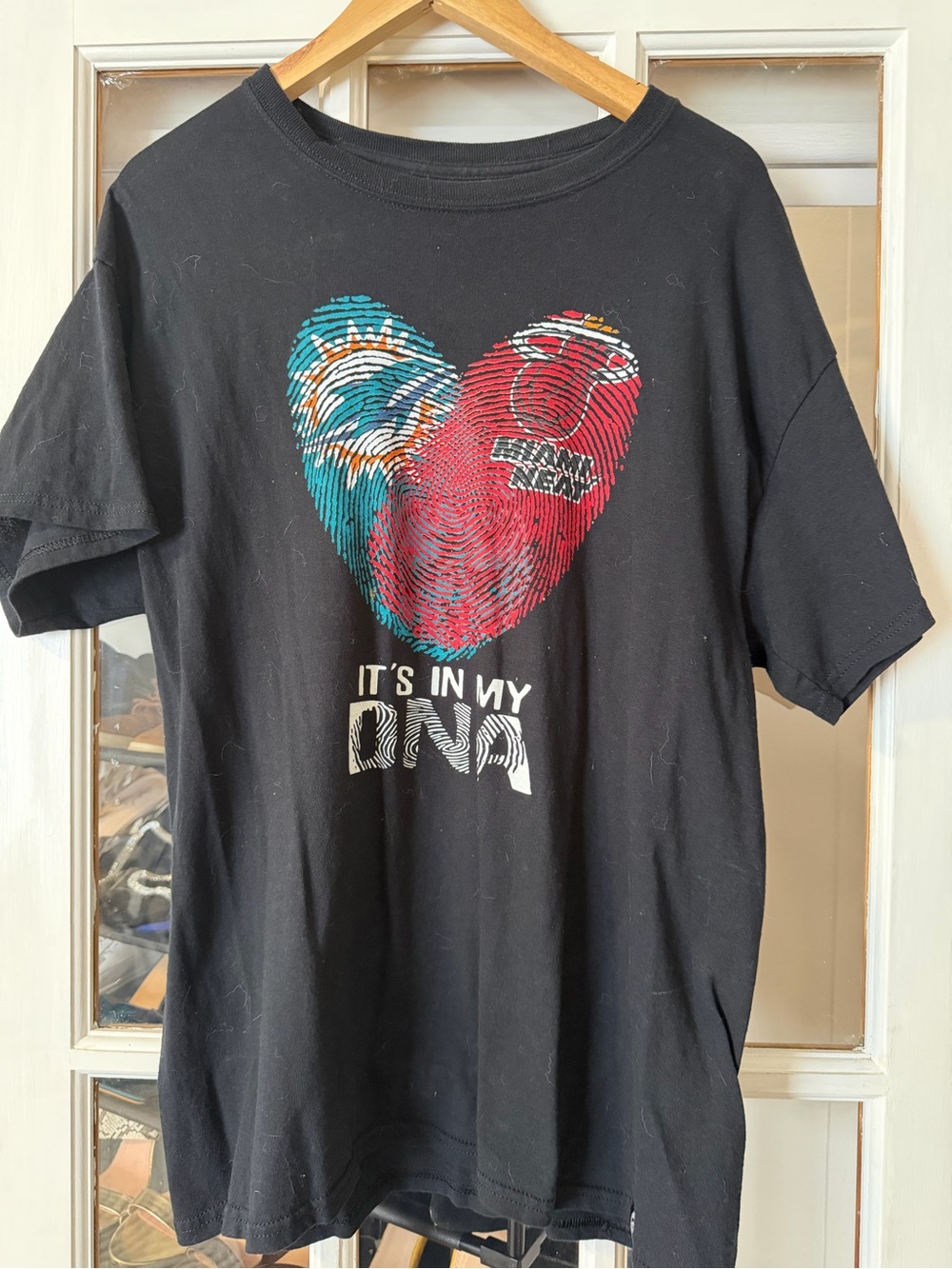 Miami Heat Black Graphic Tee with Red and Teal Heart Print